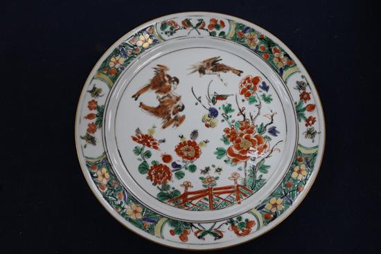 Three 18th century Chinese plates, famille rose, famille verte and blue and white